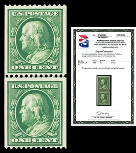 Scott 348 1908 1c Franklin Coil Mint Line Pair F-VF OG NH with PSE CERT - Bild 1 von 1