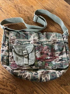 Vintage Y2K 2000s Messenger Cute Canvas Bag Green Camo 14x10,5 Grunge - Bild 1 von 10
