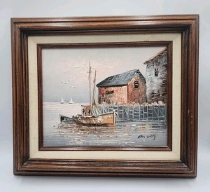 Signed Max Savy Original Oil On Canvas Harbor Scene Seascape Boats Docks - Picture 1 of 3