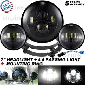 7" LED Headlight + 4.5" Passing Lights + Brackets for Harley Davidson Motorcycle - Picture 1 of 16