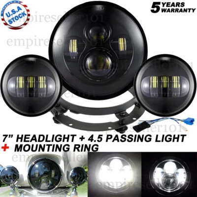 7" LED Headlight + 4.5" Passing Lights + Brackets for Harley Davidson Motorcycle - Image 1 of 4