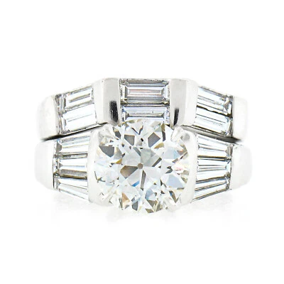 Conjunto de anillo de compromiso solitario de diamantes europeos vintage de platino GIA Foto 1 de 4