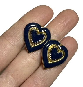 80er Jahre klobig blau Emaille Herzclip Ohrringe goldton W.H. Signiert SS1074 - Bild 1 von 4