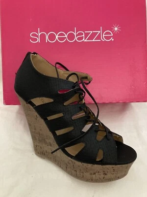 Botín de cuña Shoedazzle tipo tacones cuña de corcho punta abierta con cordones negro talla 6,5 nuevo en caja Foto 1 de 4