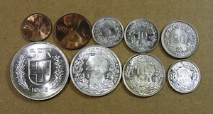 Switzerland Type Set of 9 Diff Coins inc silver, 1963 to 1965 Lustrous Choice BU - Bild 1 von 6