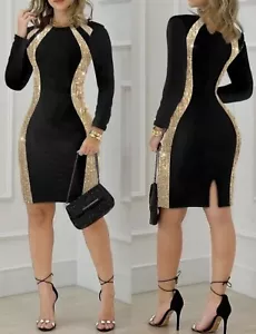 Chicme Contrast Sequin Bodycon Long Sleeve Dress - Medium - Black/Gold - NEW - Picture 1 of 24