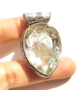 925 Sterling Silver Pendant Golden Rutilated Quartz Gemstone Handmade Jewelry - Picture 1 of 12