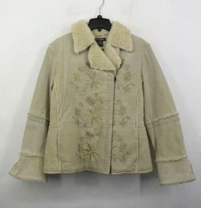 Bisou Bisou Women Floral Embroidered Slit Sleeve Fur Full Zip Leather Jacket L - Picture 1 of 9