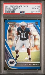 2021 MICAH PARSONS Prizm Draft Picks RC #136 BLUE PRIZM #/199 - PSA 10 (POP 2)