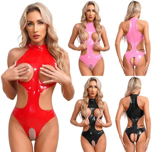Damen Catsuit PVC Leder Bodycon Turnanzug Rückenreißverschluss Clubwear glänzend - Bild 1 von 35