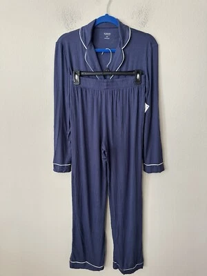 NWT Alfani Sz XS Notch Collar Long Sleeves Pajama Set Contrasting Midnight Denim - Image 1 of 4