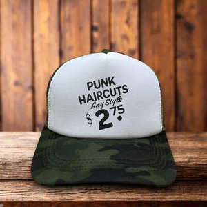 Cortes de pelo punk $2,75 sombrero de camionero para hombre camuflaje logotipo vintage anuncio antiguo - Imagen 1 de 6