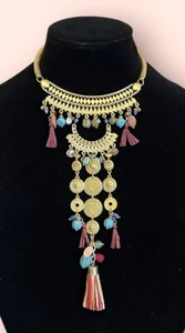 COLLAR BOHO BOHEMIO TONO DORADO BORLA PIEDRAS PRECIOSAS ENORME NUEVO CON ETIQUETAS BOCHICO'S - Imagen 1 de 6