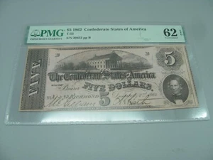 1862 $5 Stati Confederati d'America T-53 PMG non in circolazione 62 EPQ - Foto 1 di 4