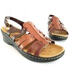 CLARKS Slingback Sandals Brown Leather Open Toe Low Wedge Women's Shoes Size 10