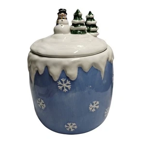 Elements Snowman & Trees Cookie Jar Blue Snowflake Winter Christmas Ceramic 9" - Picture 1 of 9