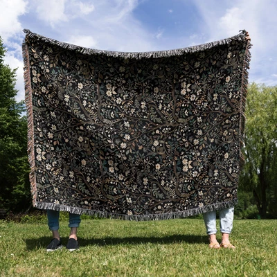 Vintage Black Floral Botanical Woven Blanket Cozy Bohemian Home Decor Gift - Image 1 of 4