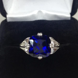 5.00 Ct Cushion Certified Real Blue Sapphire Wedding Ring 14k White Gold Size 8 - Picture 1 of 8