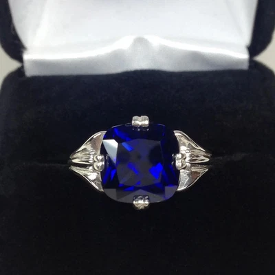 5.00 Ct Cushion Certified Real Blue Sapphire Wedding Ring 14k White Gold Size 8 - Image 1 of 4