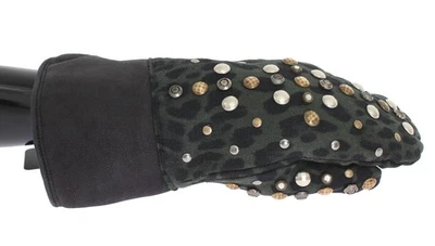 Dolce & Gabbana Gray Wool Shearling Studded Green Leopard Men's Gloves Authentic - Image 1 of 4