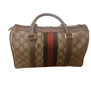 Bolso Gucci Boston Monograma Marrón Lona Cuero Borde Rojo Verde Rayas Cartera - Imagen 1 de 10