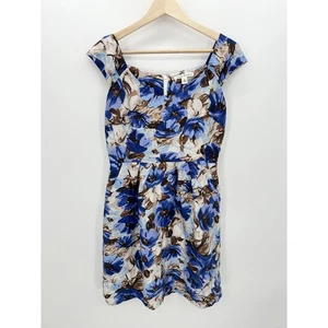 Banana Republic Blue Cream Floral Silk Sheath Dress Cap Sleeve Knee Length Sz 4  - Picture 1 of 8