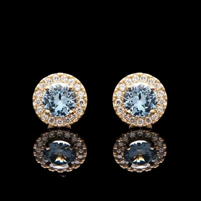 1CT Blue Aquamarine Simulated Diamond Halo Stud Round Earrings 14k Yellow Gold - Image 1 of 4