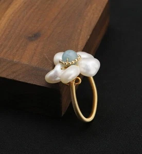 D17 Ring Blume aus Barockperlen und Aquamarin Süßwasser Perle vergoldet - Bild 1 von 5