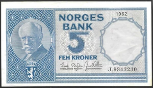 Norway 1962 5 Kroner p.30g J Suffix XF/AU - Picture 1 of 2