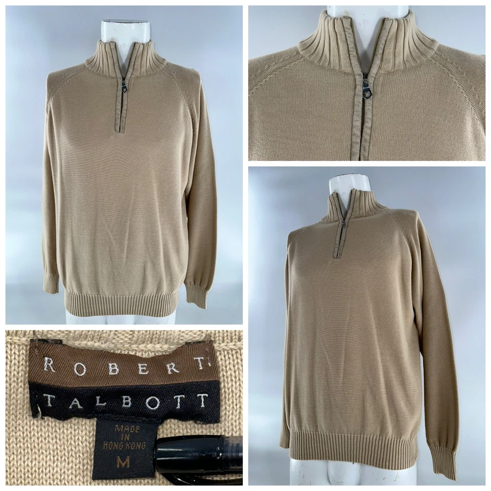 Robert Talbott 1/4 Zip Sweater Pullover Men’s M Tan Cotton Long Sleeve YGI A5-75 - Image 1 of 4