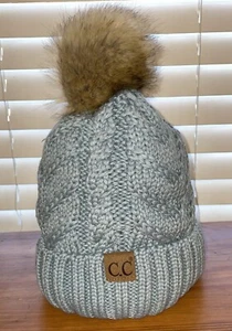NEU CC Strumpf Mütze grau blau GEFÜTTERT Winter warm Strick Bommel mit Etikett Damen - Bild 1 von 6