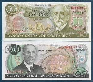 Costa Rica 50 100 Colones 2Pcs Lot, 1982, P 251b 248b, UNC - Picture 1 of 2