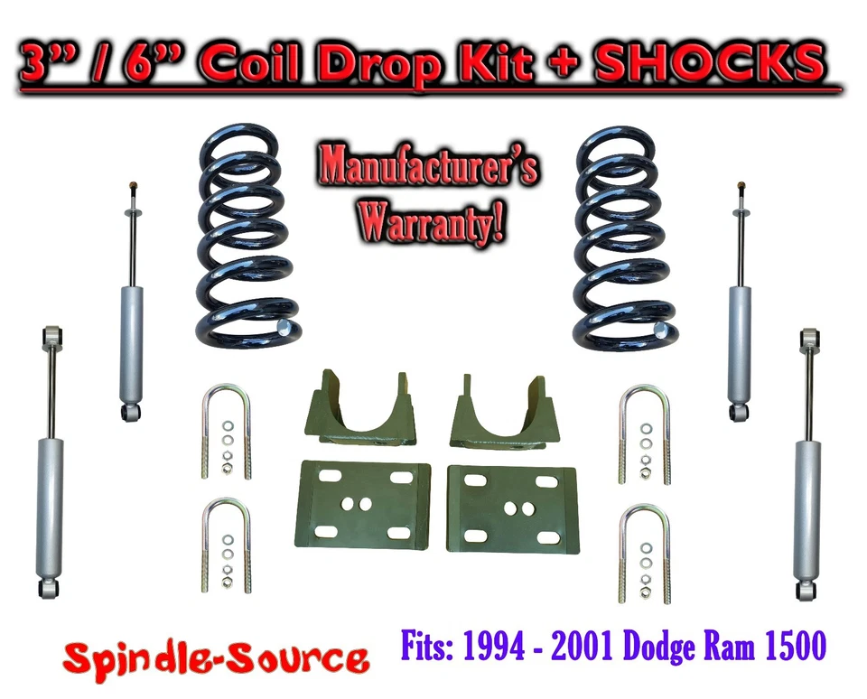 Kit de reducción de caída de 3"/6" + amortiguadores para Dodge Ram 1500 V6 1994-2001 cabina regular 2x2 Foto 1 de 1