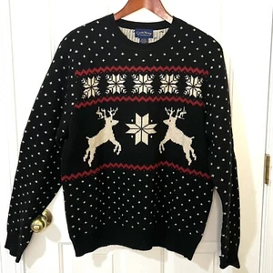Charter Club Men Sweater Black Red Medium Fair Isle Snowflake Crewneck Wool, M - Picture 1 of 5