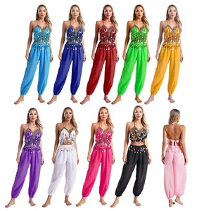 Womens Dance Festival Outfit Shiny Belly Self-Tie Crop Top Stage Performance - Picture 1 of 101