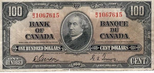 Bank of Canada 1937 $100 Dollars Gordon-Towers BJ Prefix Fine - Picture 1 of 2
