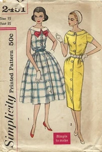 Simplicity 2451 One-Piece Sheath or Flared Dress w Detachable Bow Sz 15 COMPLETE - Picture 1 of 4