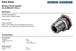 HUBER SUHNER N-female/SMA-female Bulkhead Adaptor LIST $145 - Bild 1 von 2