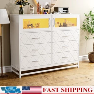 New 6 Drawer Dresser for Bedroom, Wooden Double Dresser with LED Lights White - Picture 1 of 8