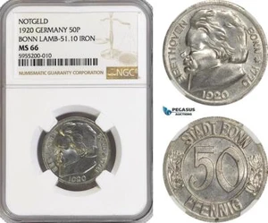 AG791, Germany, 50 Pfennig 1920, Bonn, Notgeld, Ludwig van Beethoven, NGC MS66 - Picture 1 of 1