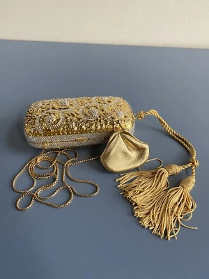 STUNNING JUDITH LEIBER Gold Metal/Silver Crystal Oblong Clutch Evening Bag 5.5"L - Image 1 of 4