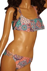 Womens Flounce Flutter Paisley Teal 2 Piece BIKINI Swimsuit Bathing Suit M NEW - Picture 1 of 2