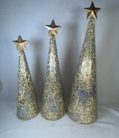 Set of 3 Cone Glass Mosaic Christmas Trees 16”, 14”, 12” Stars Gold-Silver Toned Cover