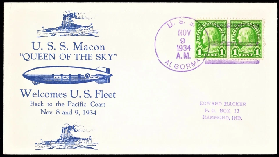 USS MACON ALGORMA ZRS-5 Zep Naval Flight Cover Nov 9 1934 Hacker Cachet 4 Made - Image 1 of 1