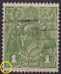Aust KGV 1d Green. CofA Wmk. FLAW: Retouch to Bottom Left Corner. USED (0825) - Picture 1 of 1