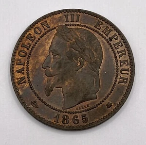 1865 A France Bronze 10 Centimes High Grade Coin Napoleon III - Picture 1 of 2