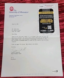 FOOTBALL POLITIAN NCAA Coach TOMMY TUBERVILLE Autograph Auto singed LETTER JSA - Bild 1 von 11