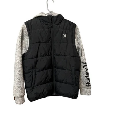 Chaqueta acolchada Hurley para niños jóvenes con capucha negra gris bolsillos con cremallera completa talla grande Foto 1 de 4