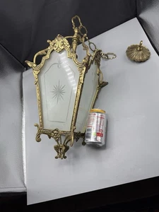Vintage Large Brass Lantern Etched Glass Ceiling Hoook+Chain Mid Century Project - Picture 1 of 10
