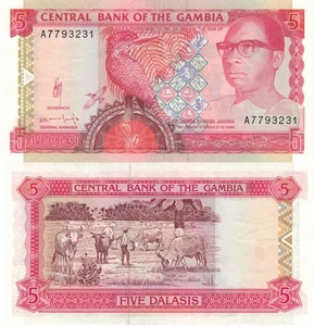 Gambia 5 Dalasi (1991) - Jawara/Kingfisher/Cattle/p12b, B209b UNC - Picture 1 of 3